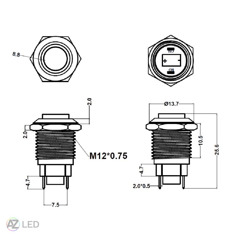 Tlačítkový vypínač M12 250V/5A kovový