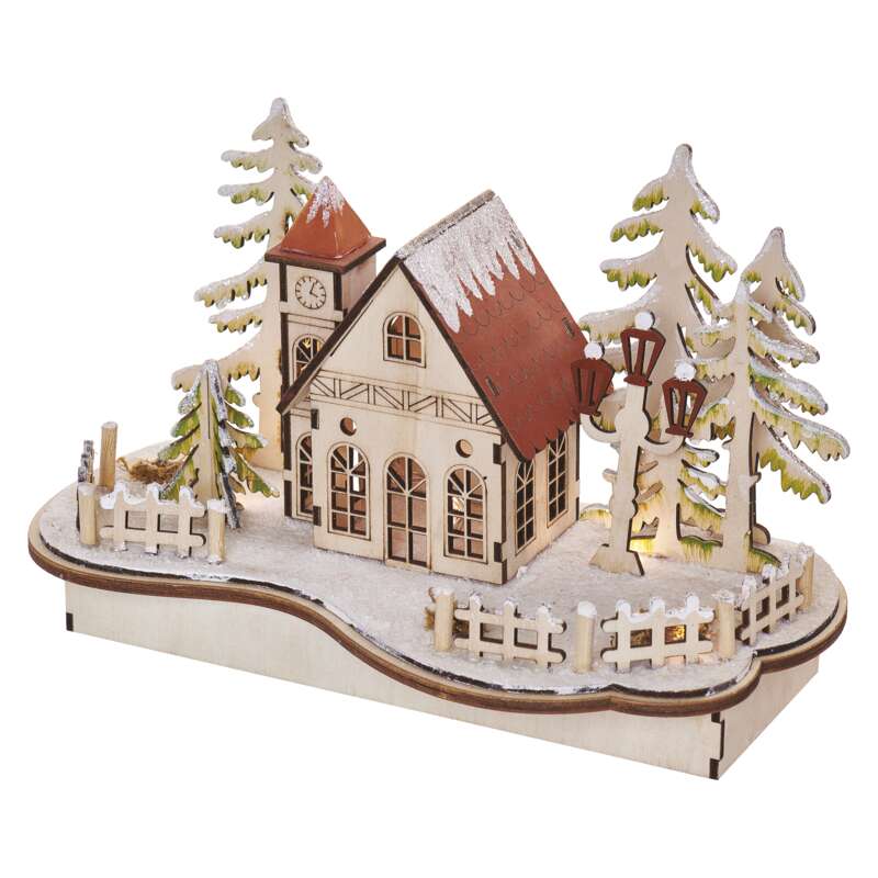 EMOS DCWW20 LED dekorace dřevěná – zasněžený kostel, 15 cm (1550000079)